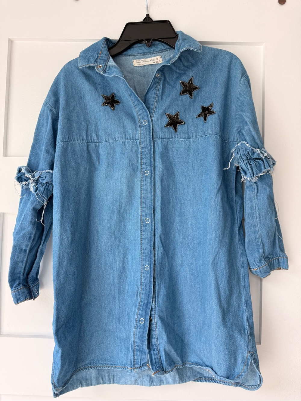 Zara Girls Light Wash Denim Dress with Black Sequin Stars